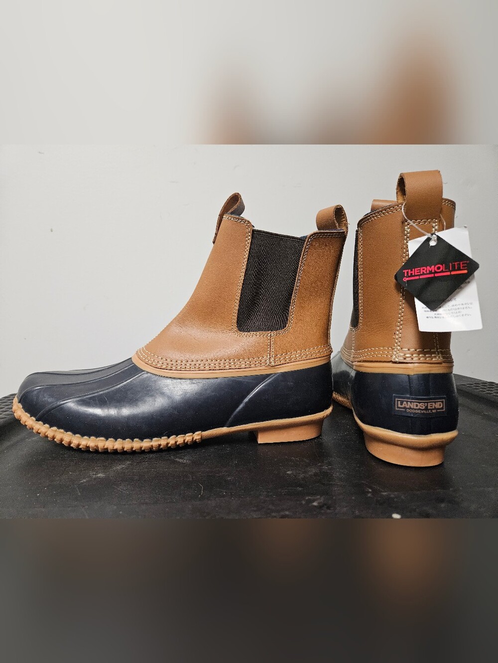NWT Lands' End Tan and Navy Duck Boots
